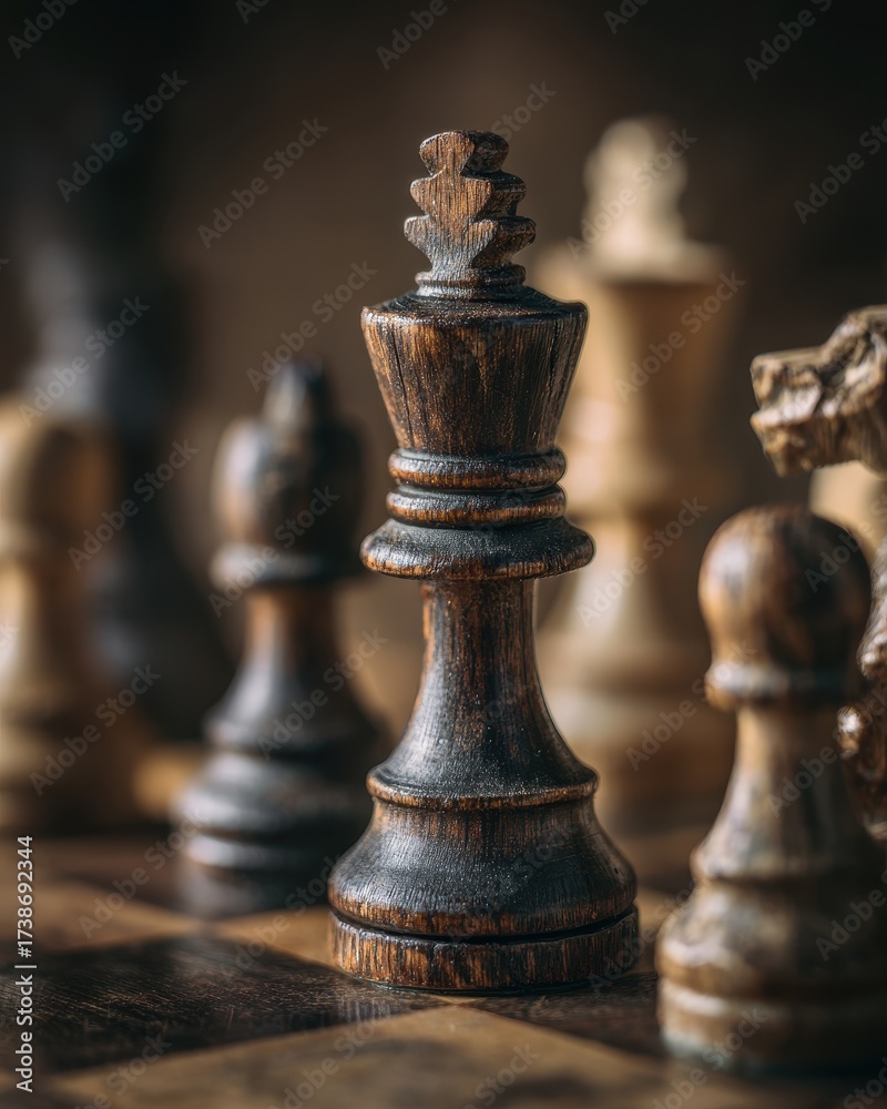 Fototapeta premium Strategic Focus - A Weathered Black King Dominates a Vintage Chessboard.