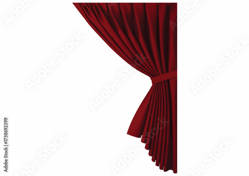 A red, draped curtain is tied back on the right side, revealing a white background.