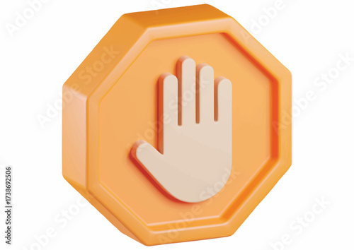 3D rendered orange octagonal sign with a white hand icon on a plain white background