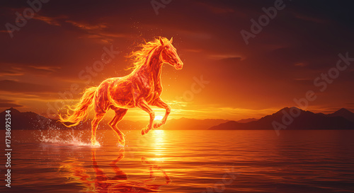 Fiery horse running in water during sunset representing Red Fire Horse, symbol for the 2026 Year of the Fire Horse, showcasing power and vitality for themed celebrations.  