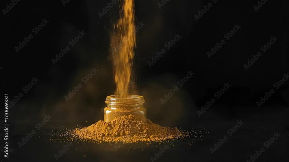 Turmeric Powder Splatter Turmeric powder falling into a jar with a dark background and spilled ...