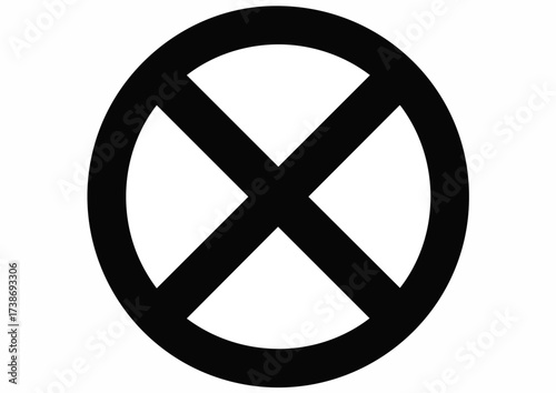 A black symbol with a circle and crossed lines on a white background