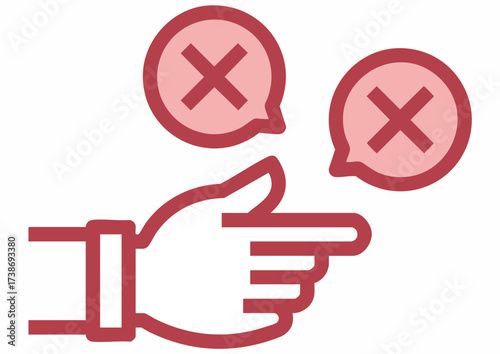 Flat design illustration of a hand pointing with two speech bubbles containing a cross symbol against a white background.