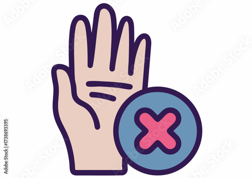 Vector illustration of a hand with palm facing outward and a blue circle with a pink X on a white background.
