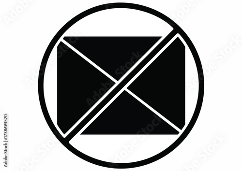 Black and white graphic symbol of a crossed envelope in a circle on a white background