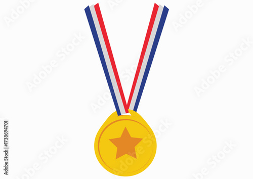 A golden medal with a star, hanging from a striped red, white, and blue ribbon.