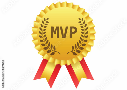 Golden MVP award badge with laurel wreath and red ribbons, isolated on white background.