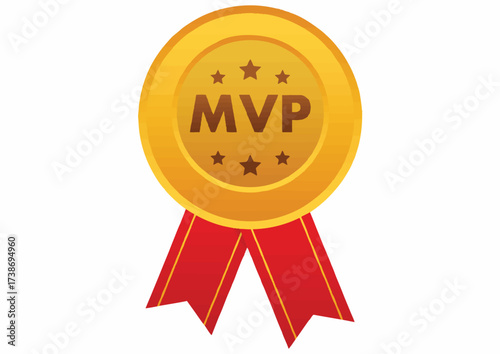Golden MVP medal icon with red ribbons on a white background