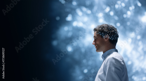 Young innovator giving presentation on artificial intelligence trends, stage with futuristic holographic background young innovator, AI trends, artificial intelligence talk, techno