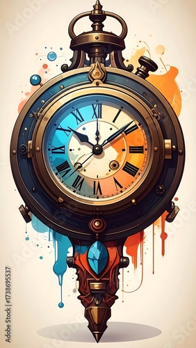 Intricate fantasy timepiece with colorful face and pendular base