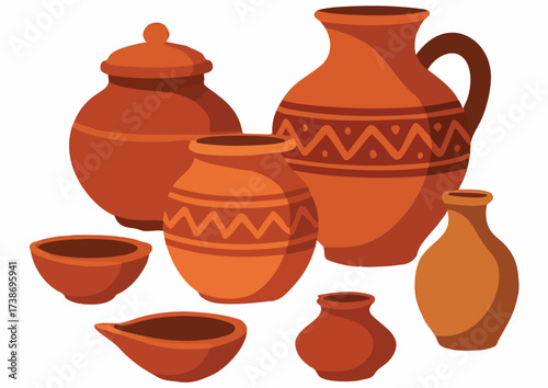 Collection of terracotta pottery vessels, including pots, pitchers, and bowls, arranged against a white background.