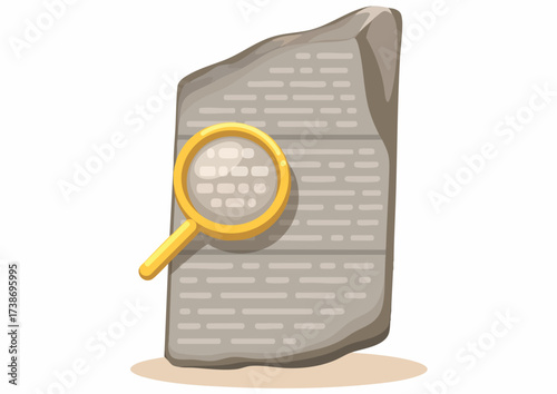 A cartoon illustration of a stone tablet being examined with a magnifying glass.