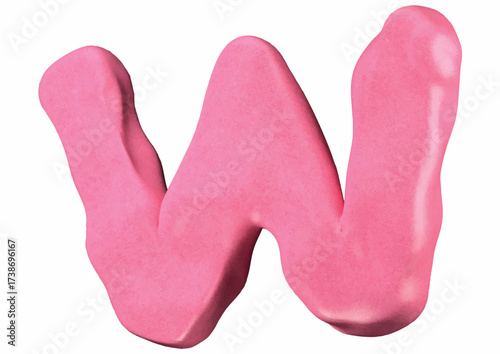 Pink letter W, created with modeling clay, isolated on a white background.