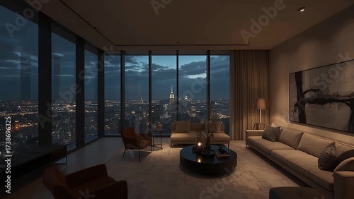 Dynamic Urban Night - Panoramic City Lights Illuminate a Modern Luxury Apartment Living Room.