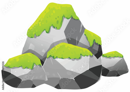 Illustration of gray rocks covered with bright green moss, isolated on a white background.