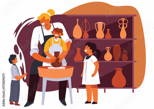 Illustration of a man and children working on pottery in a studio with a shelf of ceramic vases and a warm color palette.