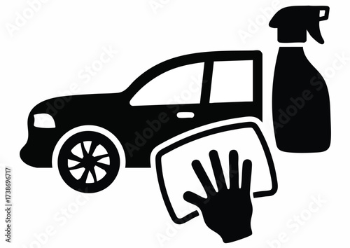 A black silhouette of a car with cleaning supplies, including a spray bottle and a hand with a cloth.