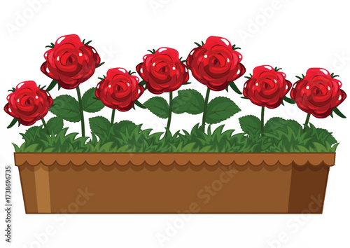 Illustration of seven red roses with green stems and leaves in a brown rectangular flower pot.