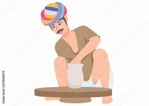 A craftsman sits, shaping clay on a pottery wheel, creating a ceramic vessel.