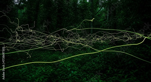 Forest scene with light streaks suggesting fireflies; long exposure shot