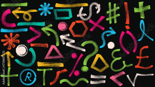 Neon colored punctuation signs drawn with a bold brush. exclamation and question marks, grids and various signs. Vector highlighters, hand drawn underlines, typography symbols.eps