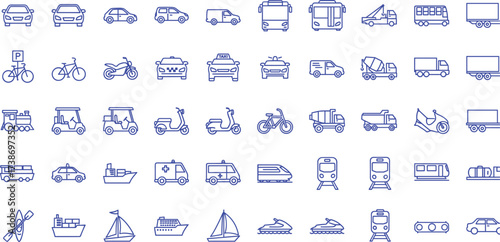 A diverse set of pixelated transportation icons in blue, illustrating different types of vehicles for digital interfaces