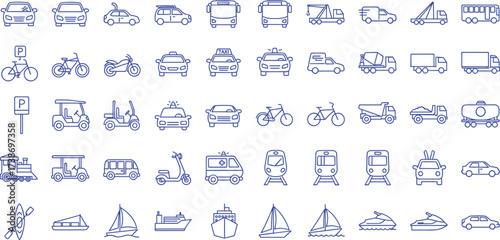 Collection of linear transportation icons representing various vehicles used for travel and movement