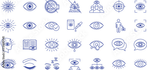 Collection of stylized eye icons and symbols representing vision, ophthalmology, and perception, perfect for health and technology related designs