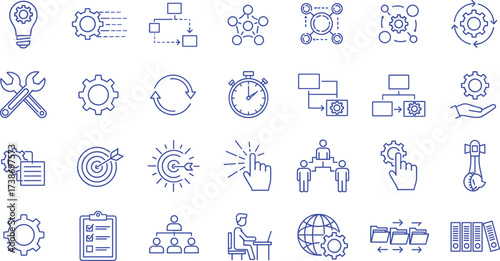Vector line icons for business management, organizational hierarchy, teamwork, and corporate operations. Essential symbols for human resources, strategy, and processes