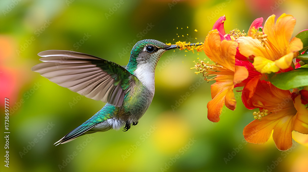Fototapeta premium Hummingbird feeding on orange vibrant flower nectar
