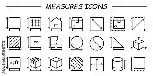 Dimension, area and perimeter measure concept outline icons set isolated on white background flat vector illustration.