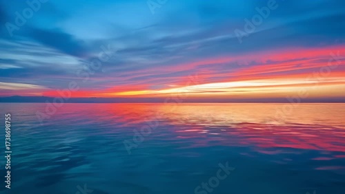 Fiery Sunset Over Calm Ocean Waters Reflecting Vibrant Hues of Orange and Purple.