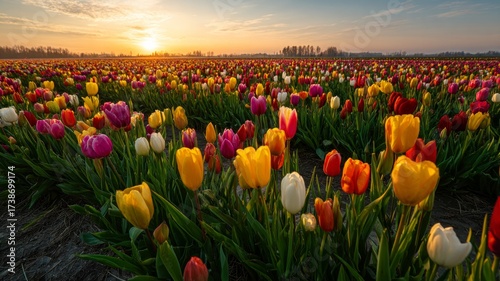 Vibrant tulip field at sunset with warm tones. AI image