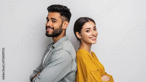 Two cheerful young adults, a man and a woman, stand confidently back-to-back against a clean, minimalist studio backdrop. Both individuals are looking directly at the camera with wide, genuine smiles 