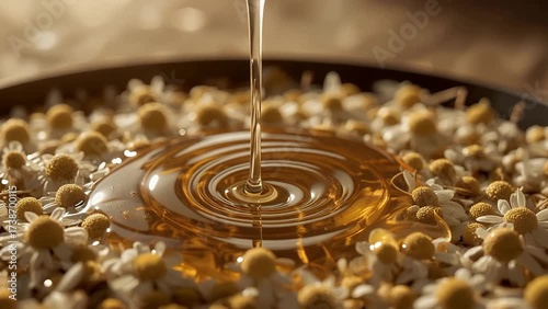 Golden Honey Pouring Over Chamomile Flowers - A Soothing Ritual.