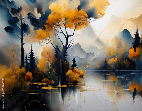 painting-black-golden-autumn-reflection-landscape