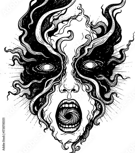 Ether elemental face engraving. Surreal spiritual etching with aura and cosmic eyes.
