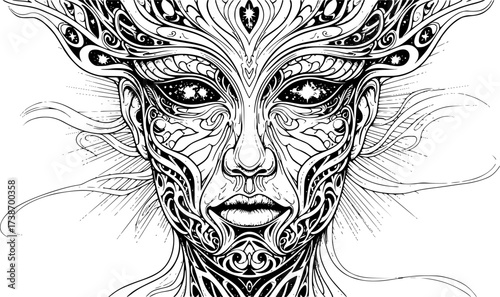 Ether elemental face engraving. Surreal spiritual etching with aura and cosmic eyes.