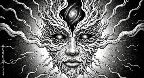 Ether elemental face engraving. Surreal spiritual etching with aura and cosmic eyes.