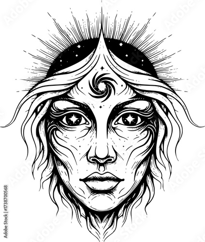 Ether elemental face engraving. Surreal spiritual etching with aura and cosmic eyes.