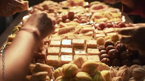 Close-up shot of assorted traditional Indian sweets arranged on a platter with hands reaching in, conveying a festive mood with warm tones, during Govardhan Puja celebration.