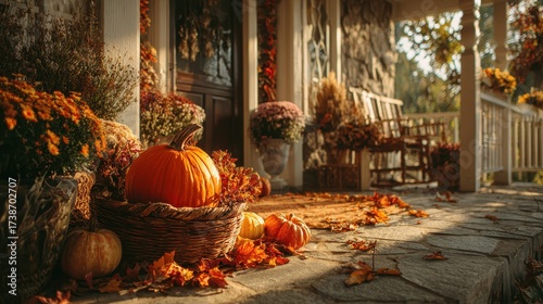 Fototapeta Naklejka Na Ścianę i Meble -  Golden Autumn Sunlight Drapes a Rustic Porch Adorned with Harvest Pumpkins.