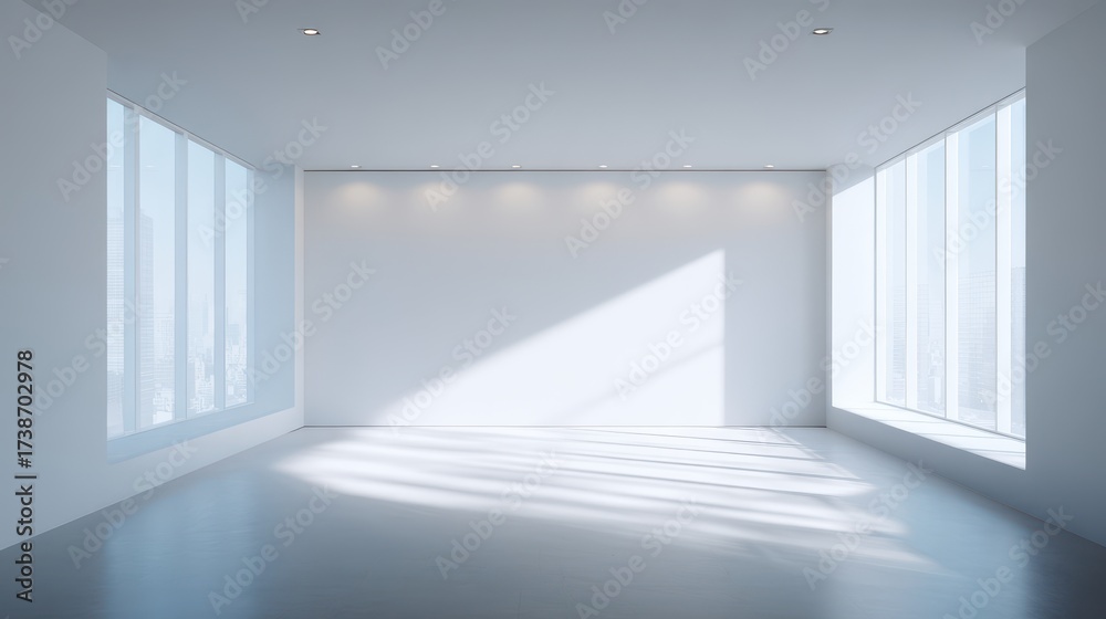 Fototapeta premium Minimalist Empty White Room with Dramatic Sunlight and Shadow Play.