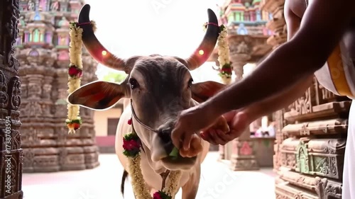 A person feeds a decorated cow a green leafy snack in front of intricately carved temple structures during Govardhan Puja.