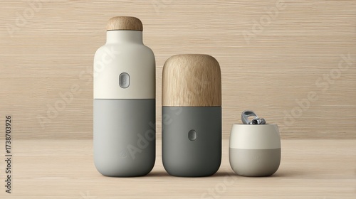 Modern Reusable Water Bottles Set on Wooden Background