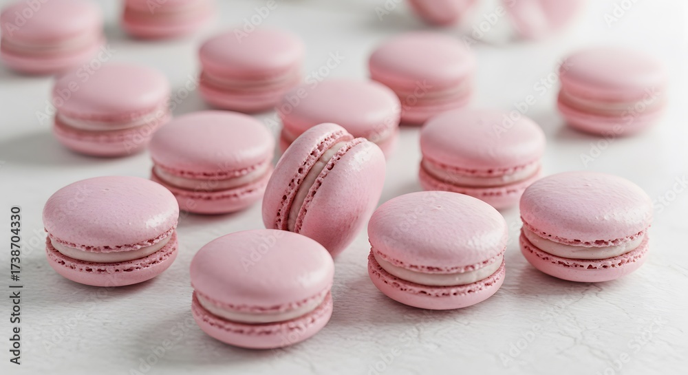 Fototapeta premium Pink Macarons on White Surface in Bright Natural Lighting