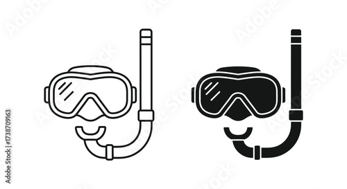 Two icons of a diving mask and snorkel, one in black outline and one as a solid silhouette, for snorkeling or scuba diving.