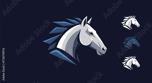Elegant logo design featuring a white horse head with geometric blue accents, perfect for branding.