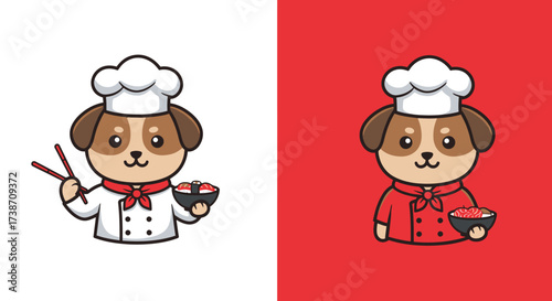 A cute cartoon dog chef character in two variations, one holding sushi and chopsticks, and another holding a bowl of rice.