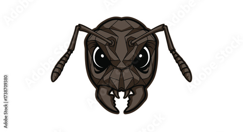 A close-up illustration of an ant's head with large, expressive eyes and sharp mandibles.